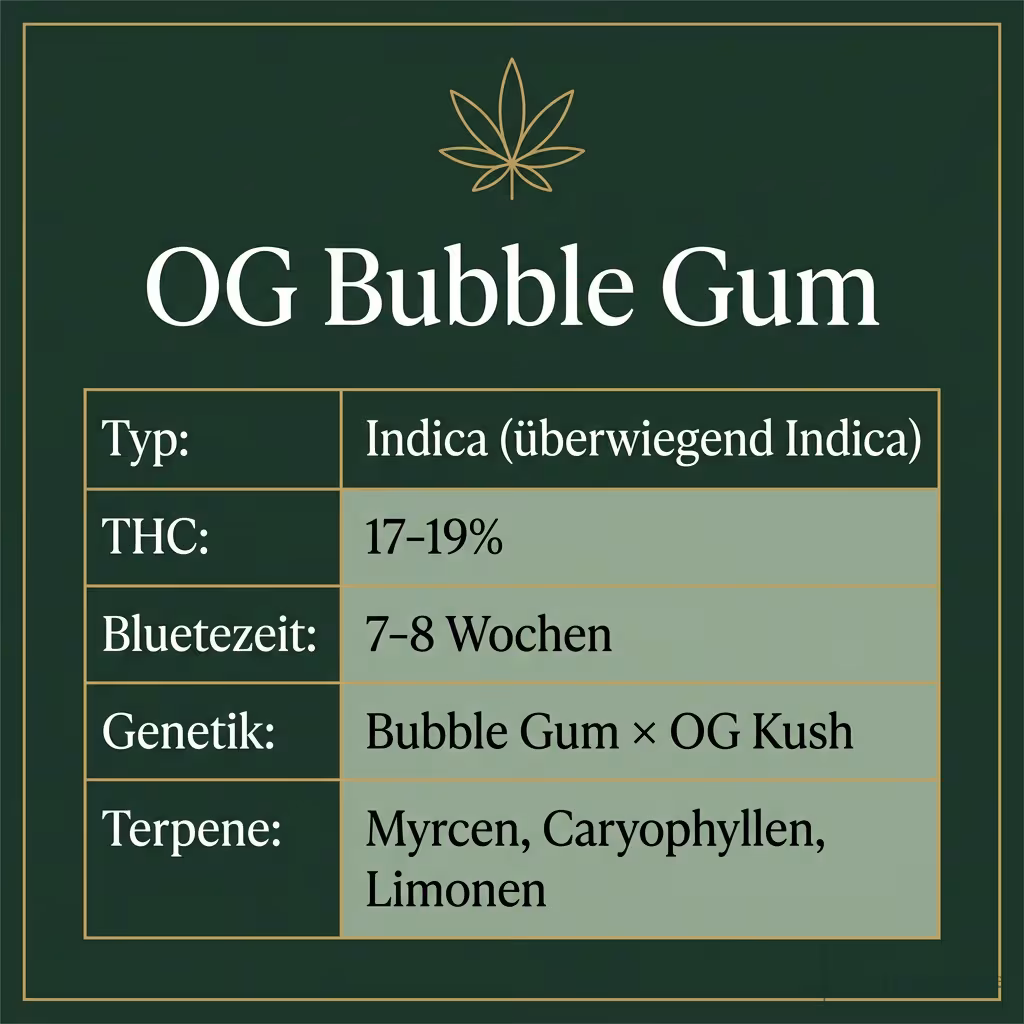 Infografik mit OG Bubble Gum Key Facts: Typ Indica (überwiegend Indica), THC 17-19%, Bluetezeit 7-8 Wochen, Genetik Bubble Gum × OG Kush und Terpene Myrcen, Caryophyllen, Limonen