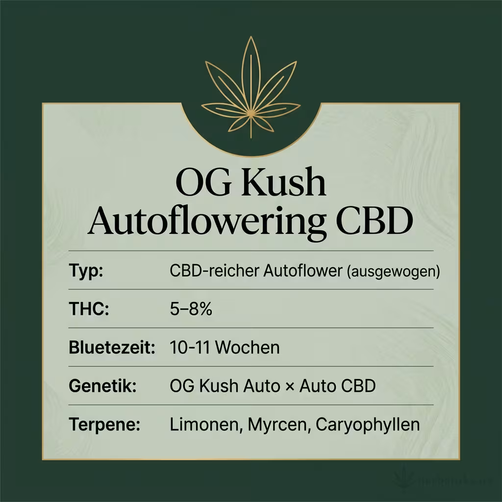 Infografik mit OG Kush Autoflowering CBD Key Facts: Typ CBD-reicher Autoflower (ausgewogen), THC 5-8%, Bluetezeit 10-11 Wochen, Genetik OG Kush Auto × Auto CBD und Terpene Limonen, Myrcen, Caryophyllen