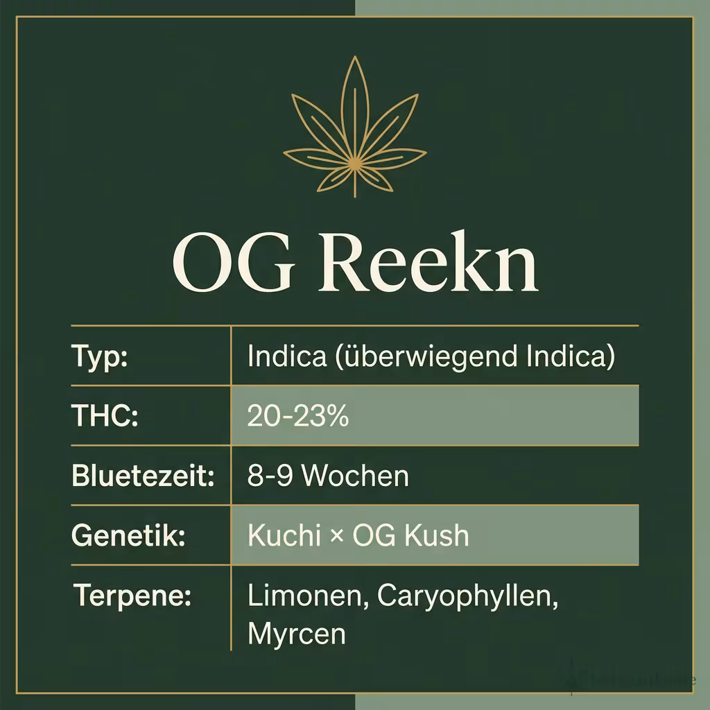 Infografik mit OG Reekn Key Facts: Typ Indica (überwiegend Indica), THC 20-23%, Bluetezeit 8-9 Wochen, Genetik Kuchi × OG Kush und Terpene Limonen, Caryophyllen, Myrcen