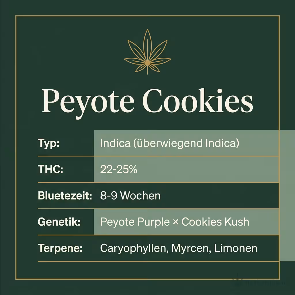 Infografik mit Peyote Cookies Key Facts: Typ Indica (überwiegend Indica), THC 22-25%, Bluetezeit 8-9 Wochen, Genetik Peyote Purple × Cookies Kush und Terpene Caryophyllen, Myrcen, Limonen