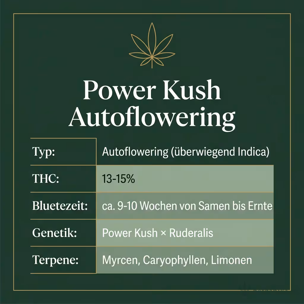 Infografik mit Power Kush Autoflowering Key Facts: Typ Autoflowering (überwiegend Indica), THC 13-15%, Bluetezeit ca. 9-10 Wochen von Samen bis Ernte, Genetik Power Kush × Ruderalis und Terpene Myrcen, Caryophyllen, Limonen