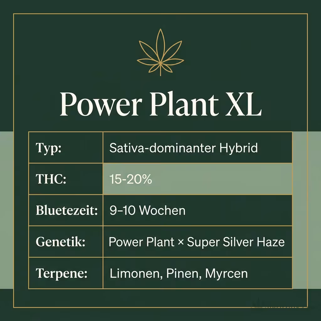 Infografik mit Power Plant XL Key Facts: Typ Sativa-dominanter Hybrid, THC 15-20%, Bluetezeit 9-10 Wochen, Genetik Power Plant × Super Silver Haze und Terpene Limonen, Pinen, Myrcen