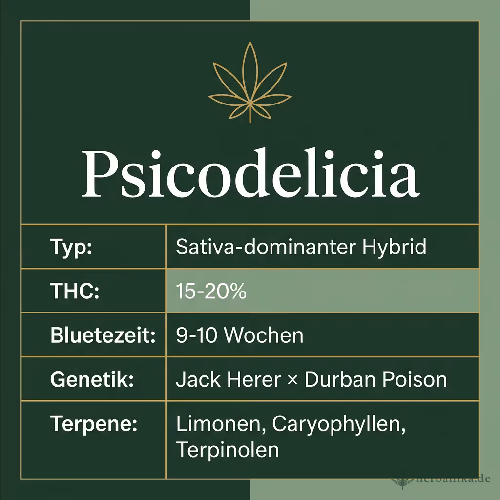 Infografik mit Psicodelicia Key Facts: Typ Sativa-dominanter Hybrid, THC 15-20%, Bluetezeit 9-10 Wochen, Genetik Jack Herer × Durban Poison und Terpene Limonen, Caryophyllen, Terpinolen