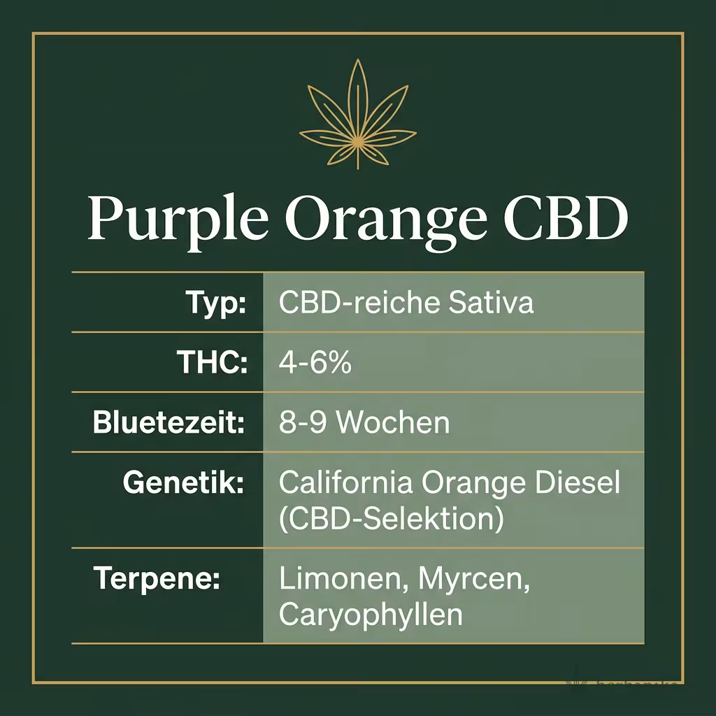 Infografik mit Purple Orange CBD Key Facts: Typ CBD-reiche Sativa, THC 4-6%, Bluetezeit 8-9 Wochen, Genetik California Orange Diesel (CBD-Selektion) und Terpene Limonen, Myrcen, Caryophyllen
