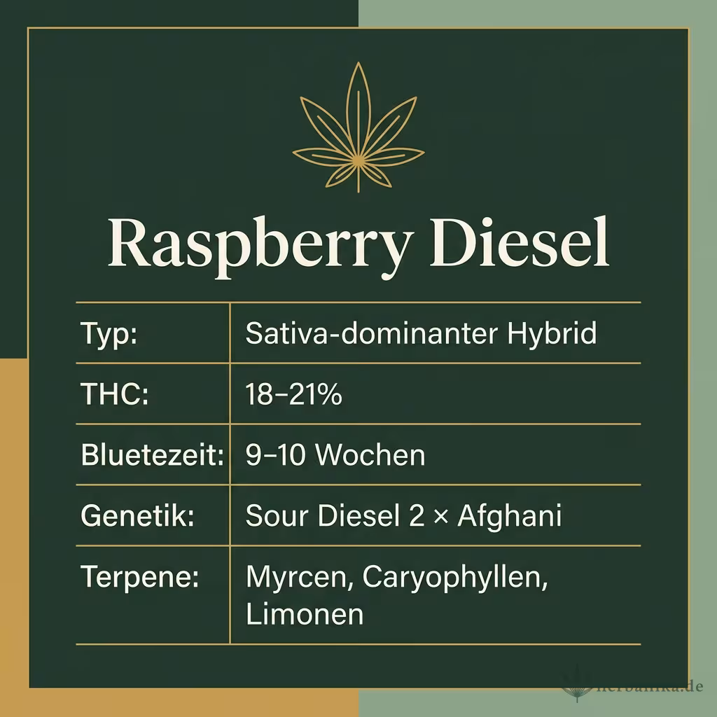 Infografik mit Raspberry Diesel Key Facts: Typ Sativa-dominanter Hybrid, THC 18-21%, Bluetezeit 9-10 Wochen, Genetik Sour Diesel 2 × Afghani und Terpene Myrcen, Caryophyllen, Limonen