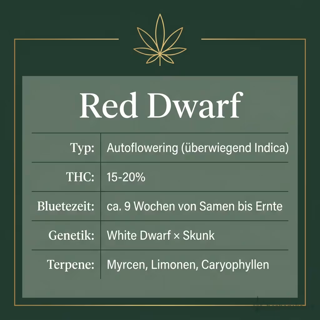 Infografik mit Red Dwarf Key Facts: Typ Autoflowering (überwiegend Indica), THC 15-20%, Bluetezeit ca. 9 Wochen von Samen bis Ernte, Genetik White Dwarf × Skunk und Terpene Myrcen, Limonen, Caryophyllen