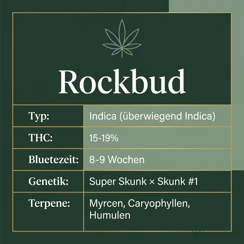 Infografik mit Rockbud Key Facts: Typ Indica (überwiegend Indica), THC 15-19%, Bluetezeit 8-9 Wochen, Genetik Super Skunk × Skunk #1 und Terpene Myrcen, Caryophyllen, Humulen