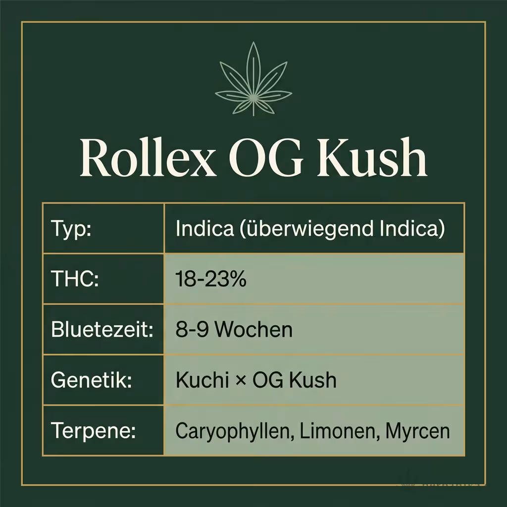 Infografik mit Rollex OG Kush Key Facts: Typ Indica (überwiegend Indica), THC 18-23%, Bluetezeit 8-9 Wochen, Genetik Kuchi × OG Kush und Terpene Caryophyllen, Limonen, Myrcen