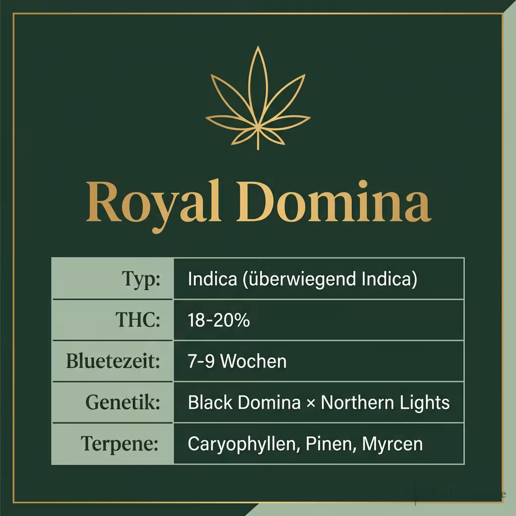 Infografik mit Royal Domina Key Facts: Typ Indica (überwiegend Indica), THC 18-20%, Bluetezeit 7-9 Wochen, Genetik Black Domina × Northern Lights und Terpene Caryophyllen, Pinen, Myrcen