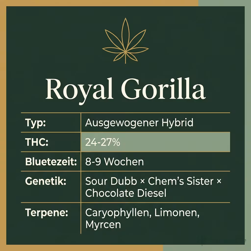 Infografik mit Royal Gorilla Key Facts: Typ Ausgewogener Hybrid, THC 24-27%, Bluetezeit 8-9 Wochen, Genetik Sour Dubb × Chem's Sister × Chocolate Diesel und Terpene Caryophyllen, Limonen, Myrcen