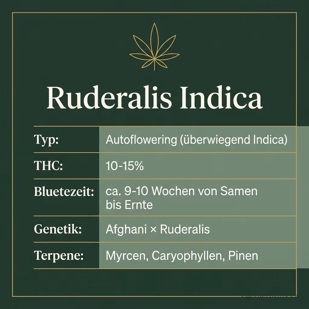 Infografik mit Ruderalis Indica Key Facts: Typ Autoflowering (überwiegend Indica), THC 10-15%, Bluetezeit ca. 9-10 Wochen von Samen bis Ernte, Genetik Afghani × Ruderalis und Terpene Myrcen, Caryophyllen, Pinen