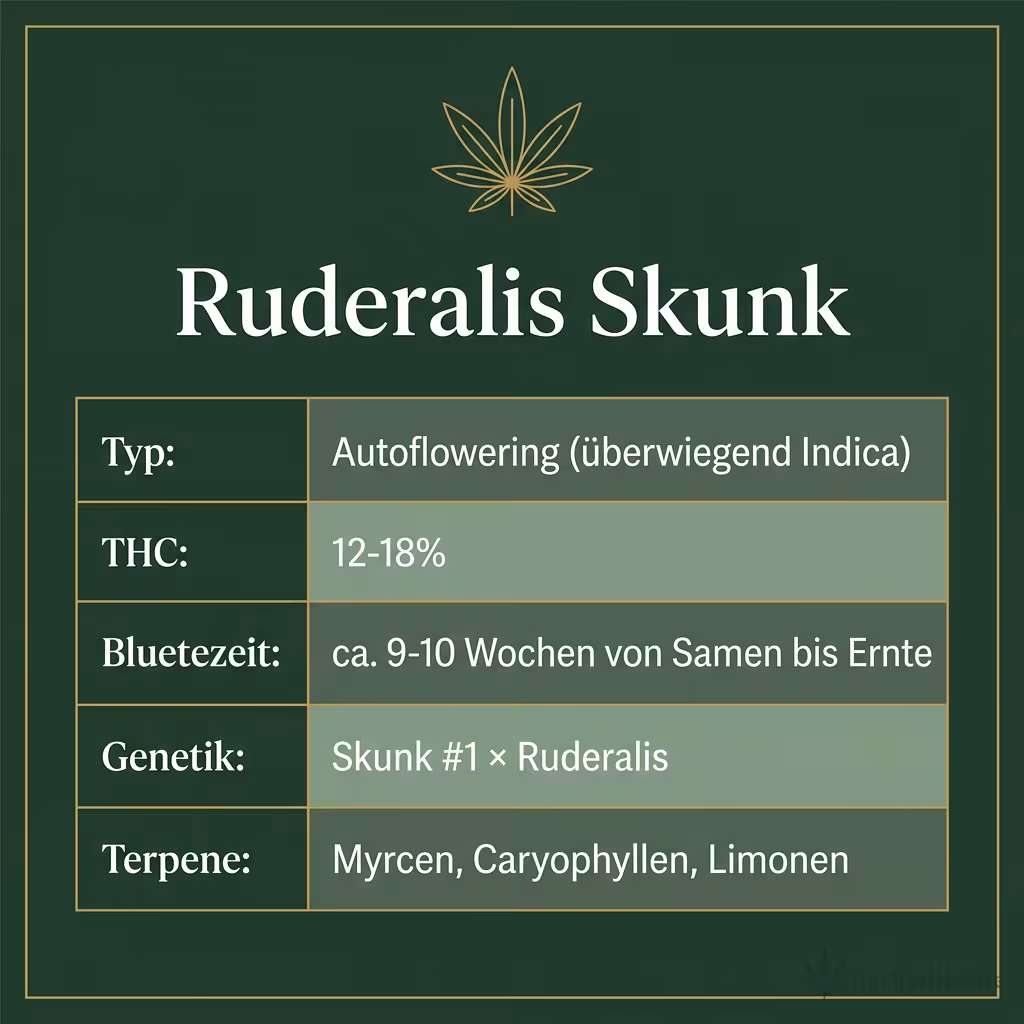 Infografik mit Ruderalis Skunk Key Facts: Typ Autoflowering (überwiegend Indica), THC 12-18%, Bluetezeit ca. 9-10 Wochen von Samen bis Ernte, Genetik Skunk #1 × Ruderalis und Terpene Myrcen, Caryophyllen, Limonen