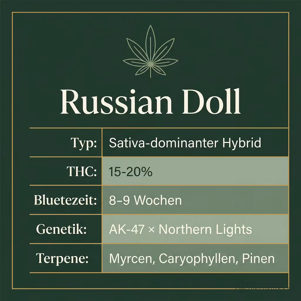 Infografik mit Russian Doll Key Facts: Typ Sativa-dominanter Hybrid, THC 15-20%, Bluetezeit 8-9 Wochen, Genetik AK-47 × Northern Lights und Terpene Myrcen, Caryophyllen, Pinen