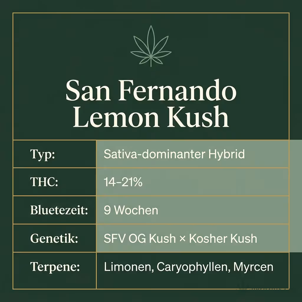 Infografik mit San Fernando Lemon Kush Key Facts: Typ Sativa-dominanter Hybrid, THC 14-21%, Bluetezeit 9 Wochen, Genetik SFV OG Kush × Kosher Kush und Terpene Limonen, Caryophyllen, Myrcen