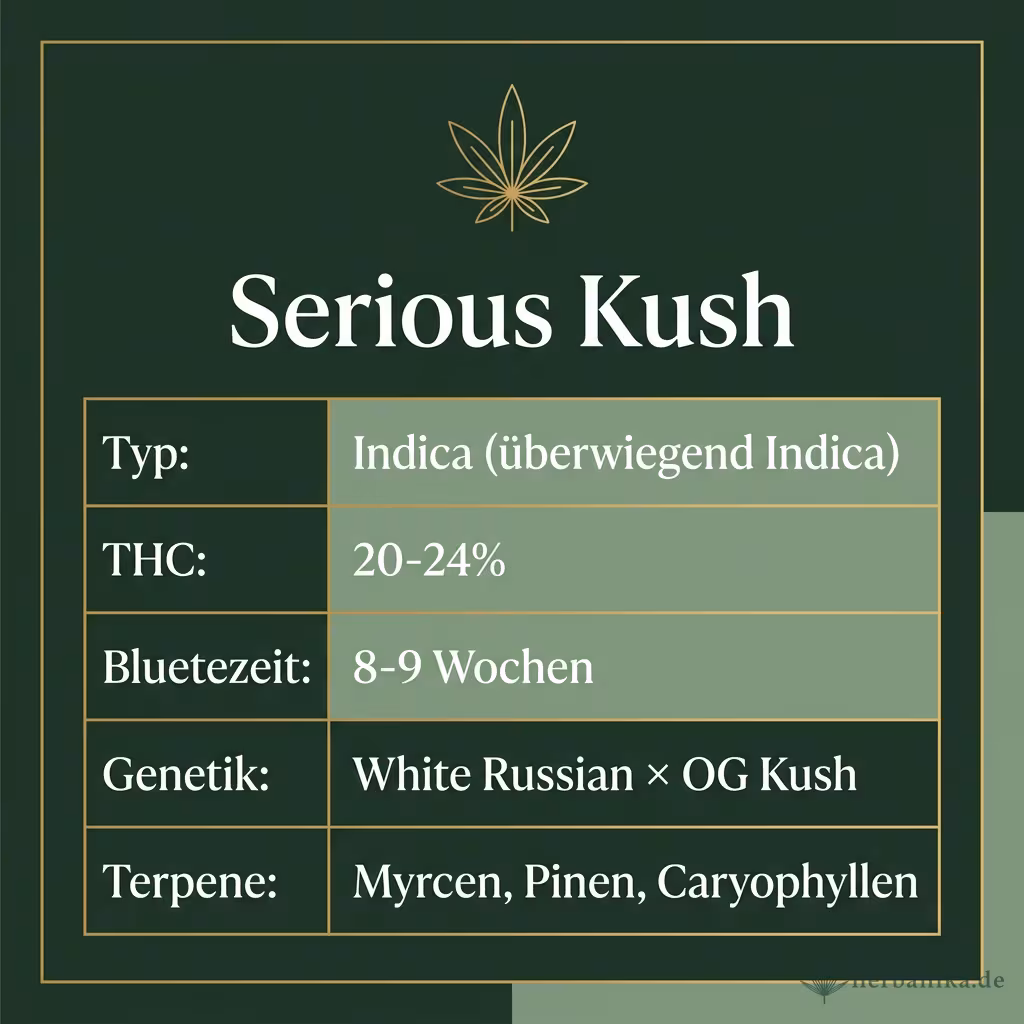 Infografik mit Serious Kush Key Facts: Typ Indica (überwiegend Indica), THC 20-24%, Bluetezeit 8-9 Wochen, Genetik White Russian × OG Kush und Terpene Myrcen, Pinen, Caryophyllen