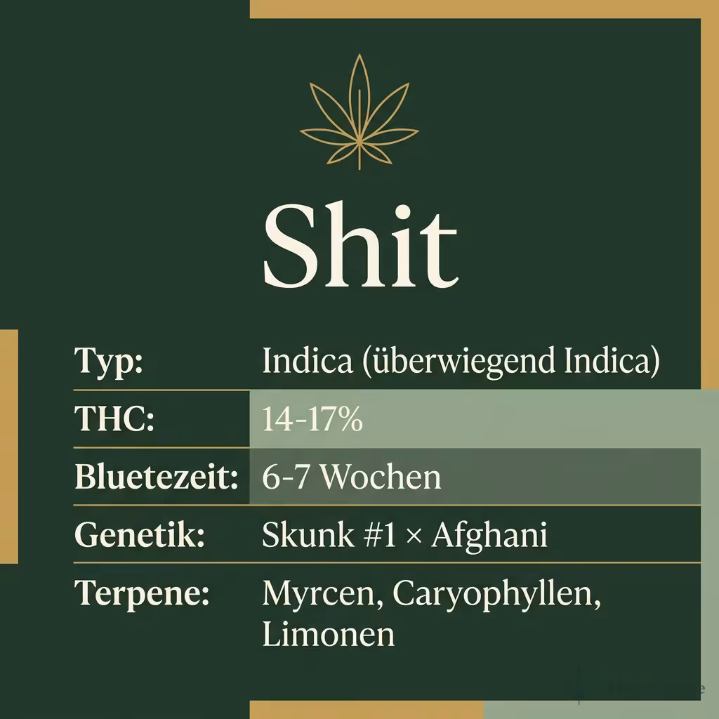 Infografik mit Shit Key Facts: Typ Indica (überwiegend Indica), THC 14-17%, Bluetezeit 6-7 Wochen, Genetik Skunk #1 × Afghani und Terpene Myrcen, Caryophyllen, Limonen