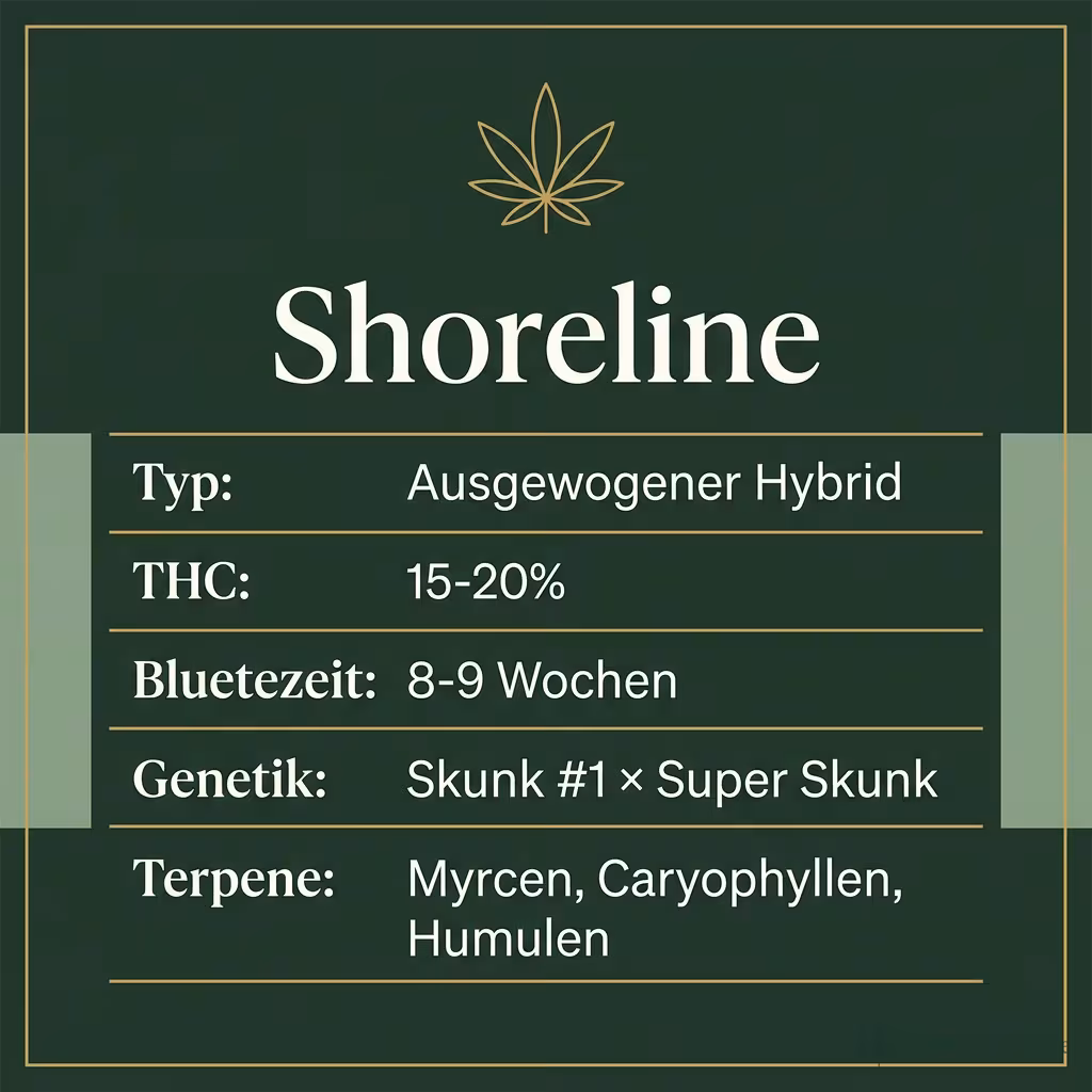 Infografik mit Shoreline Key Facts: Typ Ausgewogener Hybrid, THC 15-20%, Bluetezeit 8-9 Wochen, Genetik Skunk #1 × Super Skunk und Terpene Myrcen, Caryophyllen, Humulen