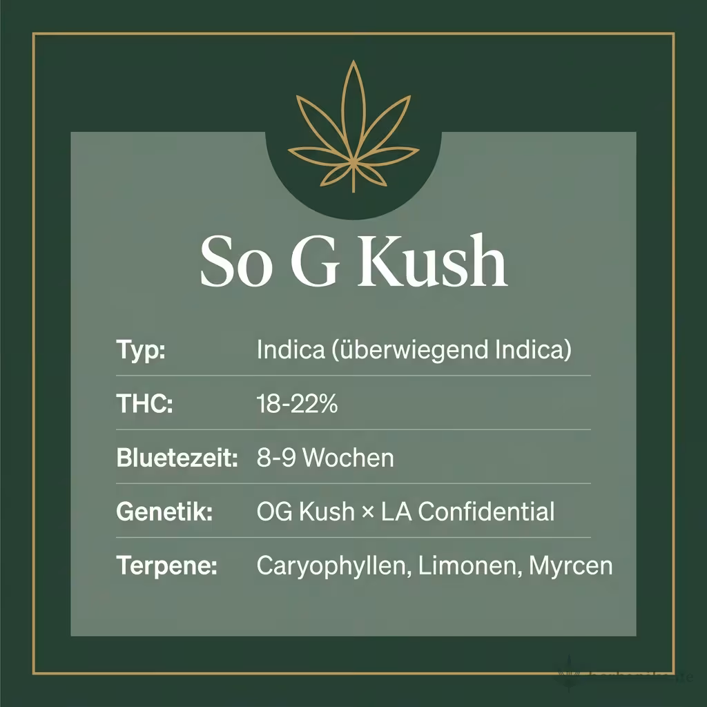 Infografik mit So G Kush Key Facts: Typ Indica (überwiegend Indica), THC 18-22%, Bluetezeit 8-9 Wochen, Genetik OG Kush × LA Confidential und Terpene Caryophyllen, Limonen, Myrcen