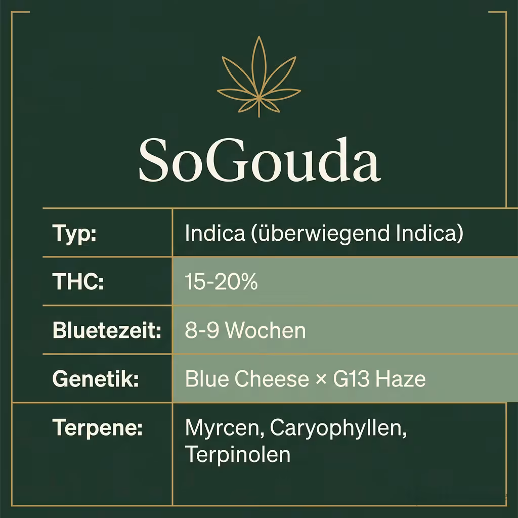 Infografik mit SoGouda Key Facts: Typ Indica (überwiegend Indica), THC 15-20%, Bluetezeit 8-9 Wochen, Genetik Blue Cheese × G13 Haze und Terpene Myrcen, Caryophyllen, Terpinolen