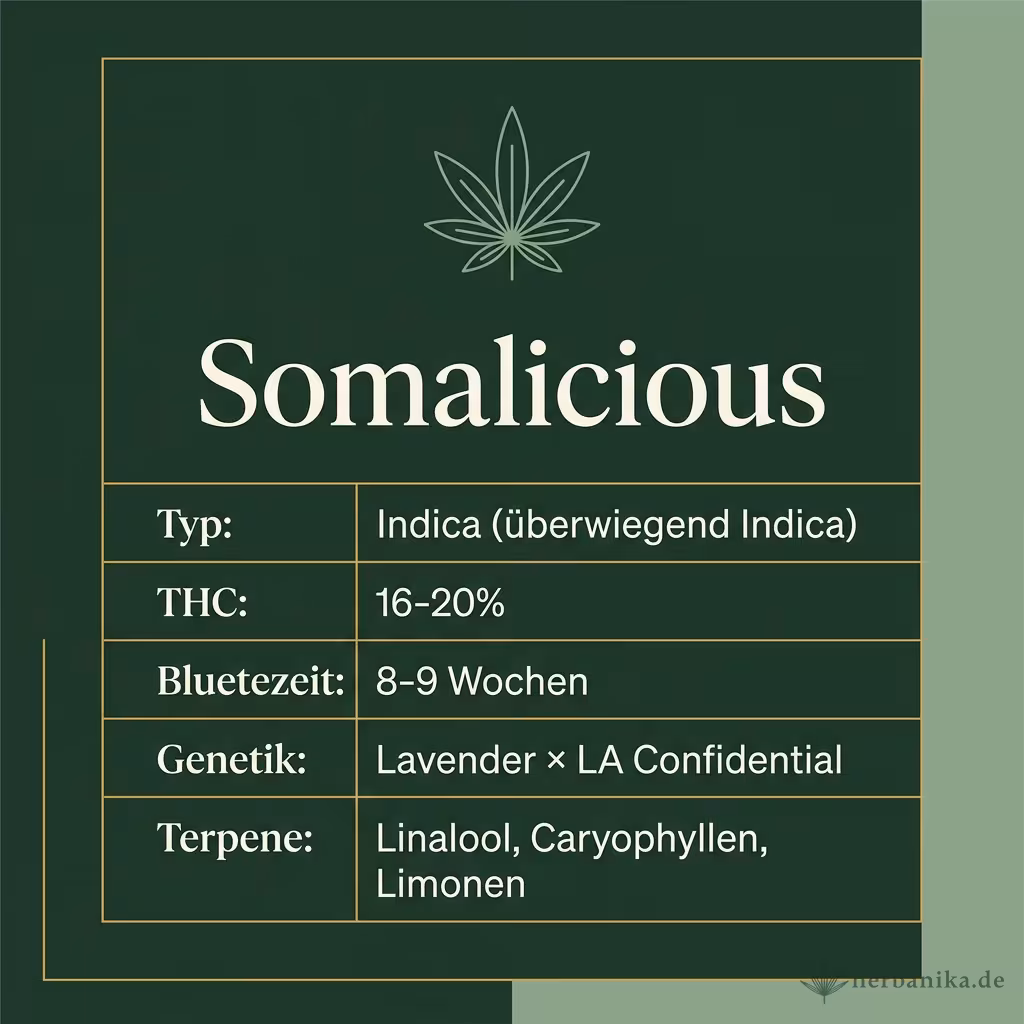 Infografik mit Somalicious Key Facts: Typ Indica (überwiegend Indica), THC 16-20%, Bluetezeit 8-9 Wochen, Genetik Lavender × LA Confidential und Terpene Linalool, Caryophyllen, Limonen