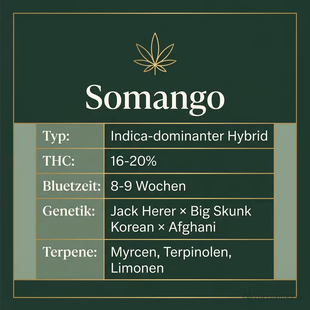 Infografik mit Somango Key Facts: Typ Indica-dominanter Hybrid, THC 16-20%, Bluetezeit 8-9 Wochen, Genetik Jack Herer × Big Skunk Korean × Afghani und Terpene Myrcen, Terpinolen, Limonen