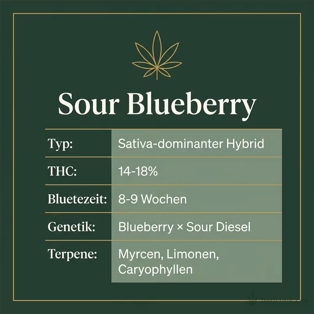 Infografik mit Sour Blueberry Key Facts: Typ Sativa-dominanter Hybrid, THC 14-18%, Bluetezeit 8-9 Wochen, Genetik Blueberry × Sour Diesel und Terpene Myrcen, Limonen, Caryophyllen
