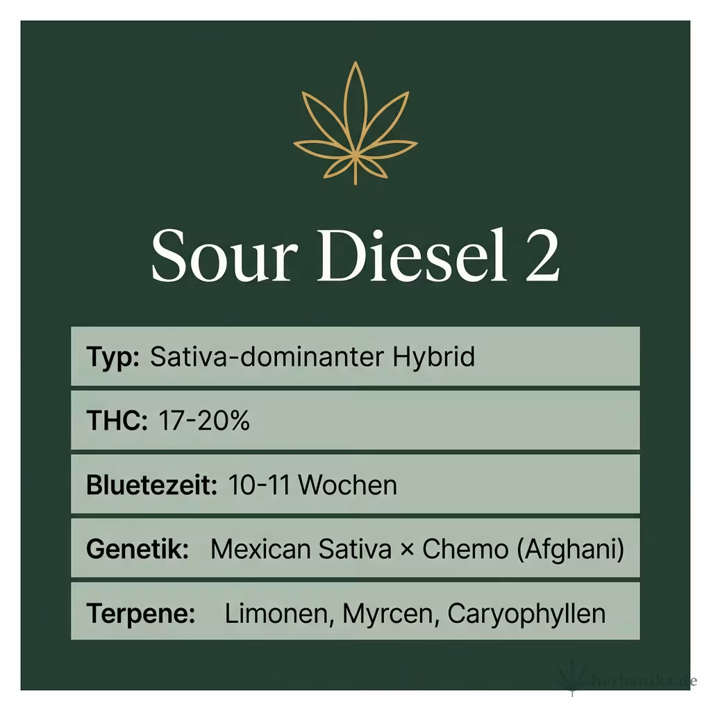 Infografik mit Sour Diesel 2 Key Facts: Typ Sativa-dominanter Hybrid, THC 17-20%, Bluetezeit 10-11 Wochen, Genetik Mexican Sativa × Chemo (Afghani) und Terpene Limonen, Myrcen, Caryophyllen