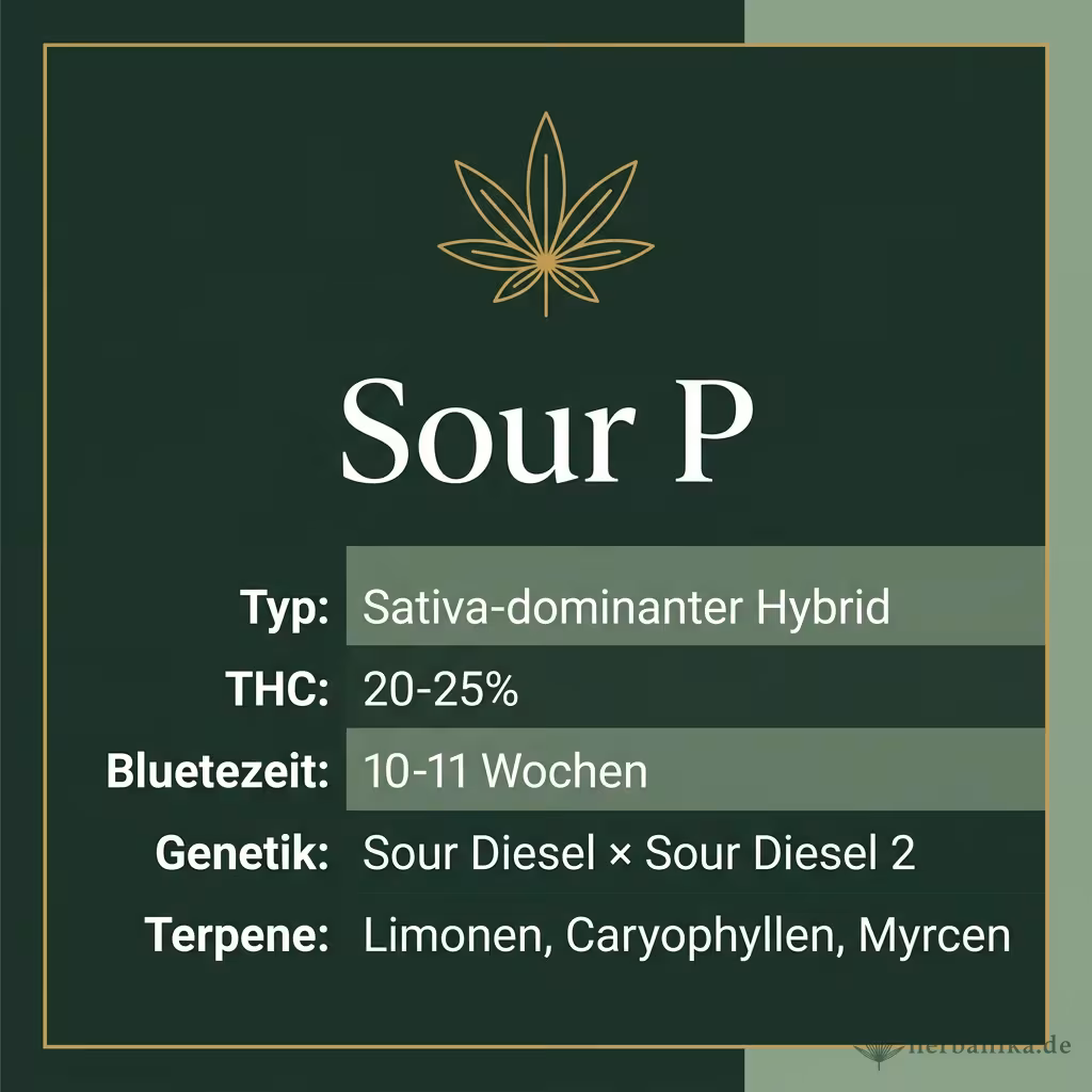 Infografik mit Sour P Key Facts: Typ Sativa-dominanter Hybrid, THC 20-25%, Bluetezeit 10-11 Wochen, Genetik Sour Diesel × Sour Diesel 2 und Terpene Limonen, Caryophyllen, Myrcen