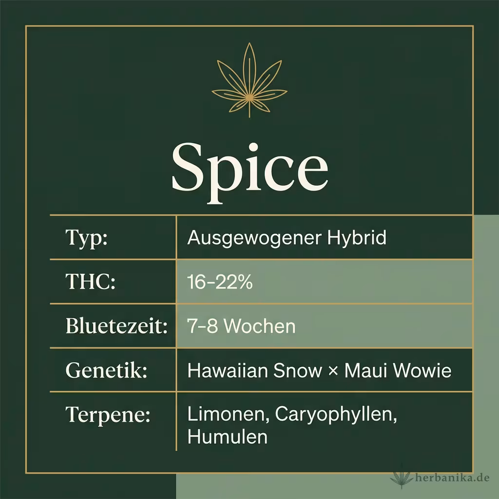 Infografik mit Spice Key Facts: Typ Ausgewogener Hybrid, THC 16-22%, Bluetezeit 7-8 Wochen, Genetik Hawaiian Snow × Maui Wowie und Terpene Limonen, Caryophyllen, Humulen