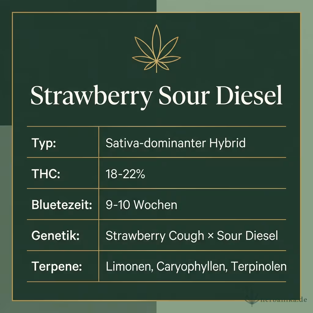 Infografik mit Strawberry Sour Diesel Key Facts: Typ Sativa-dominanter Hybrid, THC 18-22%, Bluetezeit 9-10 Wochen, Genetik Strawberry Cough × Sour Diesel und Terpene Limonen, Caryophyllen, Terpinolen