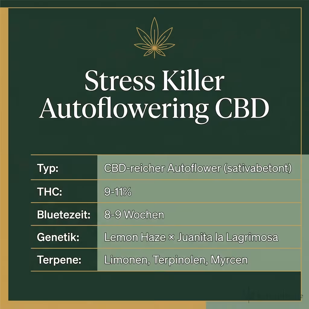 Infografik mit Stress Killer Autoflowering CBD Key Facts: Typ CBD-reicher Autoflower (sativabetont), THC 9-11%, Bluetezeit 8-9 Wochen, Genetik Lemon Haze × Juanita la Lagrimosa und Terpene Limonen, Terpinolen, Myrcen