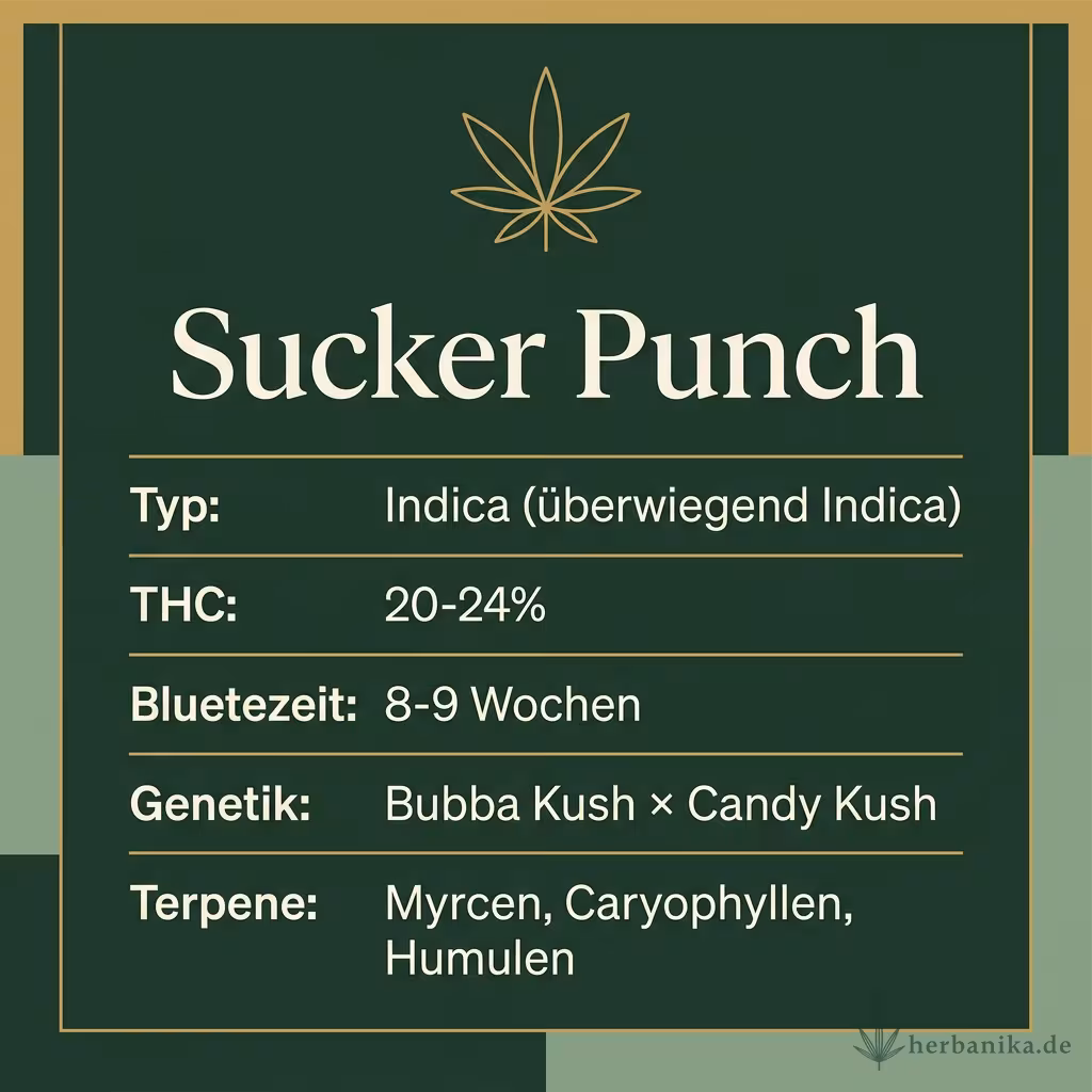 Infografik mit Sucker Punch Key Facts: Typ Indica (überwiegend Indica), THC 20-24%, Bluetezeit 8-9 Wochen, Genetik Bubba Kush × Candy Kush und Terpene Myrcen, Caryophyllen, Humulen