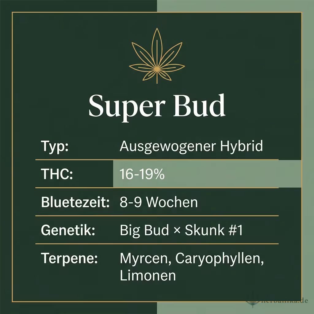 Infografik mit Super Bud Key Facts: Typ Ausgewogener Hybrid, THC 16-19%, Bluetezeit 8-9 Wochen, Genetik Big Bud × Skunk #1 und Terpene Myrcen, Caryophyllen, Limonen