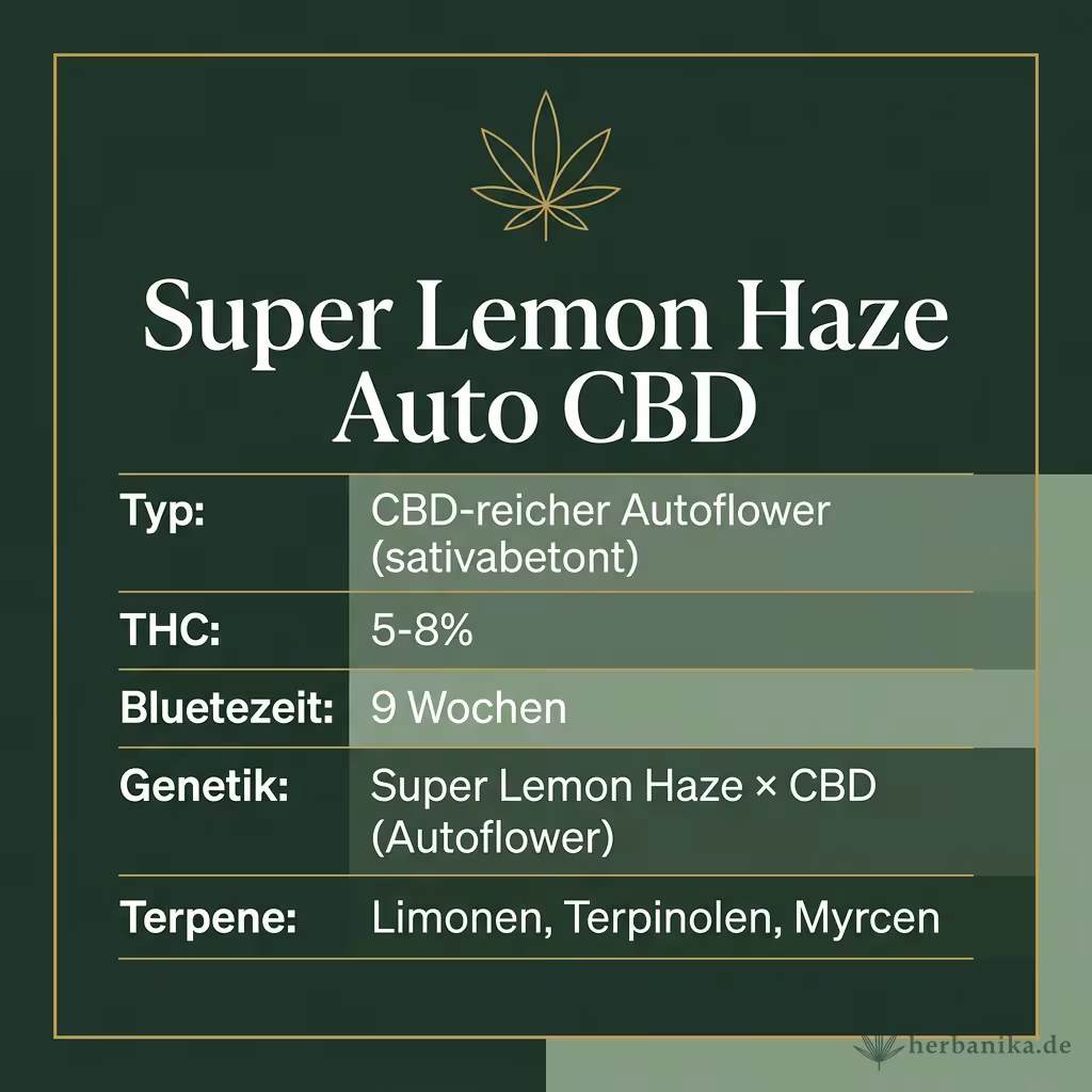 Infografik mit Super Lemon Haze Auto CBD Key Facts: Typ CBD-reicher Autoflower (sativabetont), THC 5-8%, Bluetezeit 9 Wochen, Genetik Super Lemon Haze × CBD (Autoflower) und Terpene Limonen, Terpinolen, Myrcen