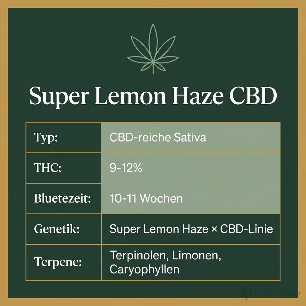 Infografik mit Super Lemon Haze CBD Key Facts: Typ CBD-reiche Sativa, THC 9-12%, Bluetezeit 10-11 Wochen, Genetik Super Lemon Haze × CBD-Linie und Terpene Terpinolen, Limonen, Caryophyllen
