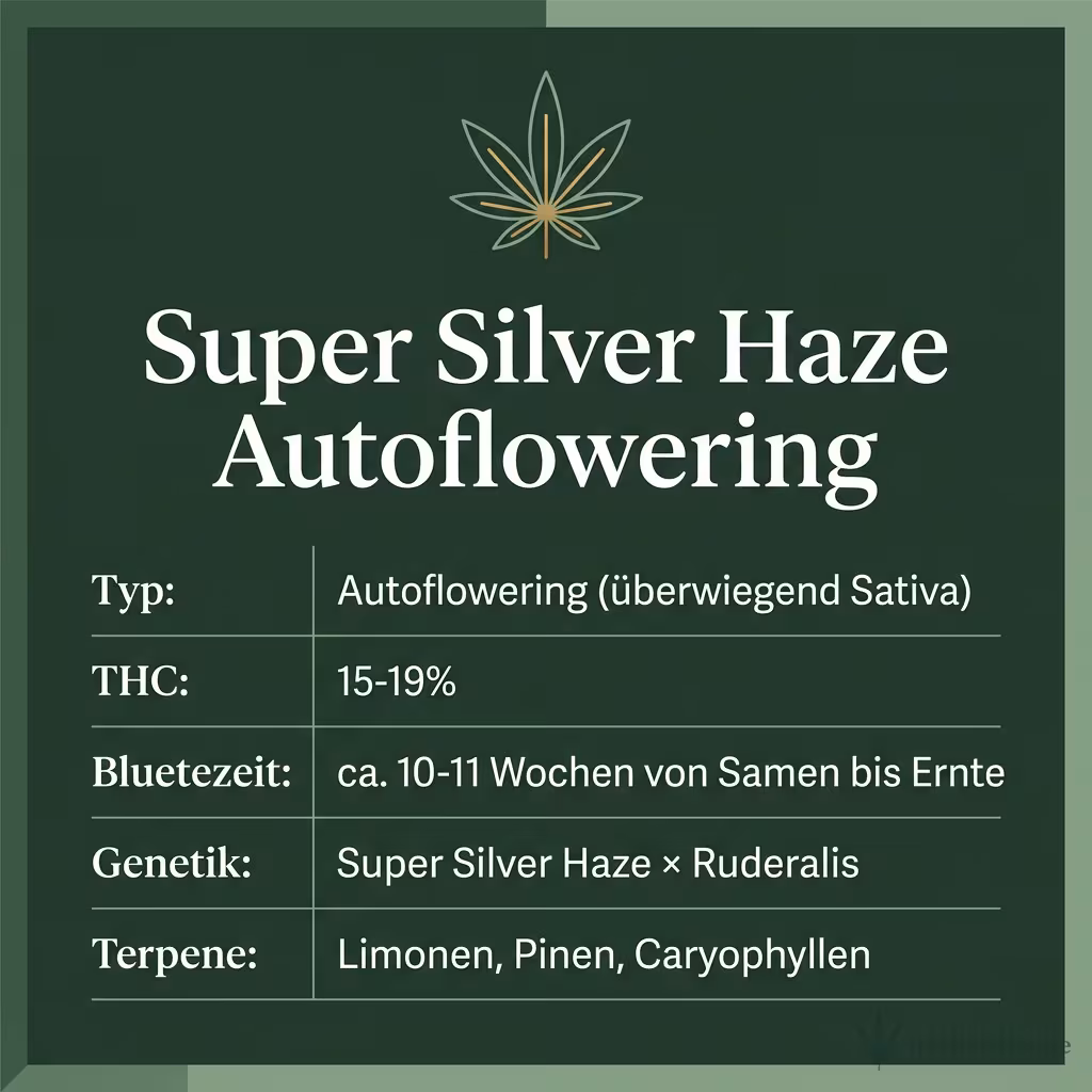 Infografik mit Super Silver Haze Autoflowering Key Facts: Typ Autoflowering (überwiegend Sativa), THC 15-19%, Bluetezeit ca. 10-11 Wochen von Samen bis Ernte, Genetik Super Silver Haze × Ruderalis und Terpene Limonen, Pinen, Caryophyllen