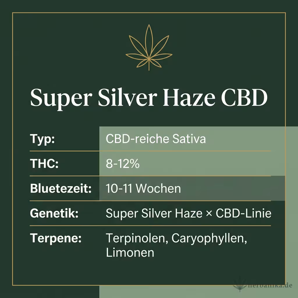 Infografik mit Super Silver Haze CBD Key Facts: Typ CBD-reiche Sativa, THC 8-12%, Bluetezeit 10-11 Wochen, Genetik Super Silver Haze × CBD-Linie und Terpene Terpinolen, Caryophyllen, Limonen