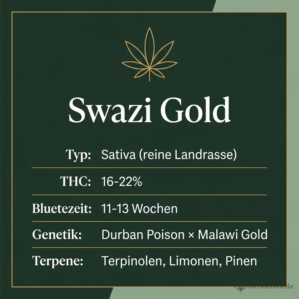 Infografik mit Swazi Gold Key Facts: Typ Sativa (reine Landrasse), THC 16-22%, Bluetezeit 11-13 Wochen, Genetik Durban Poison × Malawi Gold und Terpene Terpinolen, Limonen, Pinen