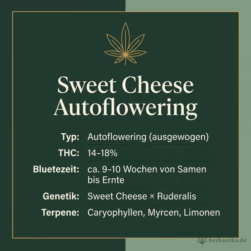 Infografik mit Sweet Cheese Autoflowering Key Facts: Typ Autoflowering (ausgewogen), THC 14-18%, Bluetezeit ca. 9-10 Wochen von Samen bis Ernte, Genetik Sweet Cheese × Ruderalis und Terpene Caryophyllen, Myrcen, Limonen