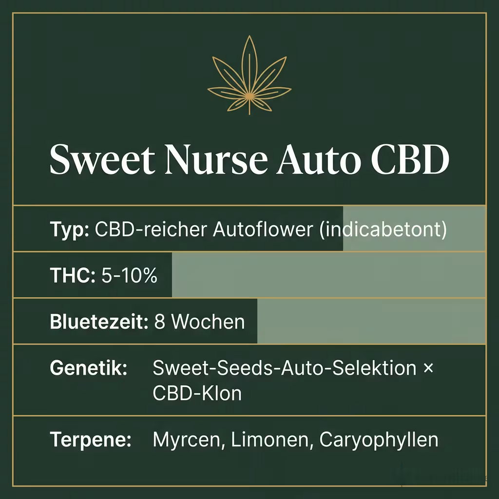 Infografik mit Sweet Nurse Auto CBD Key Facts: Typ CBD-reicher Autoflower (indicabetont), THC 5-10%, Bluetezeit 8 Wochen, Genetik Sweet-Seeds-Auto-Selektion × CBD-Klon und Terpene Myrcen, Limonen, Caryophyllen
