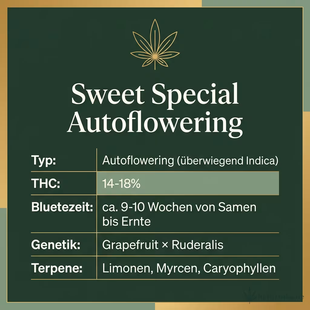 Infografik mit Sweet Special Autoflowering Key Facts: Typ Autoflowering (überwiegend Indica), THC 14-18%, Bluetezeit ca. 9-10 Wochen von Samen bis Ernte, Genetik Grapefruit × Ruderalis und Terpene Limonen, Myrcen, Caryophyllen