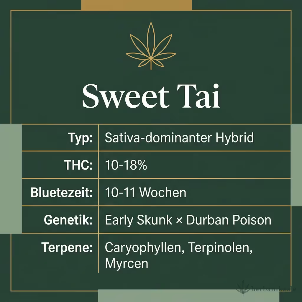 Infografik mit Sweet Tai Key Facts: Typ Sativa-dominanter Hybrid, THC 10-18%, Bluetezeit 10-11 Wochen, Genetik Early Skunk × Durban Poison und Terpene Caryophyllen, Terpinolen, Myrcen