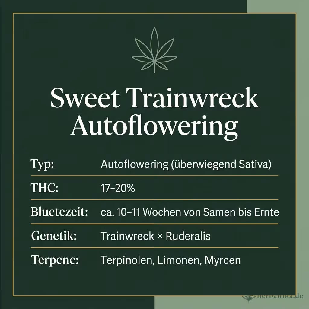 Infografik mit Sweet Trainwreck Autoflowering Key Facts: Typ Autoflowering (überwiegend Sativa), THC 17-20%, Bluetezeit ca. 10-11 Wochen von Samen bis Ernte, Genetik Trainwreck × Ruderalis und Terpene Terpinolen, Limonen, Myrcen