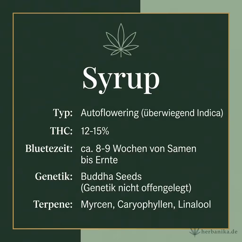 Infografik mit Syrup Key Facts: Typ Autoflowering (überwiegend Indica), THC 12-15%, Bluetezeit ca. 8-9 Wochen von Samen bis Ernte, Genetik Buddha Seeds (Genetik nicht offengelegt) und Terpene Myrcen, Caryophyllen, Linalool