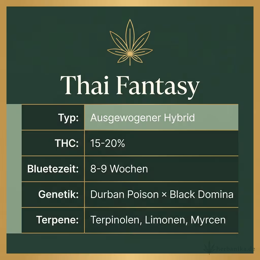 Infografik mit Thai Fantasy Key Facts: Typ Ausgewogener Hybrid, THC 15-20%, Bluetezeit 8-9 Wochen, Genetik Durban Poison × Black Domina und Terpene Terpinolen, Limonen, Myrcen