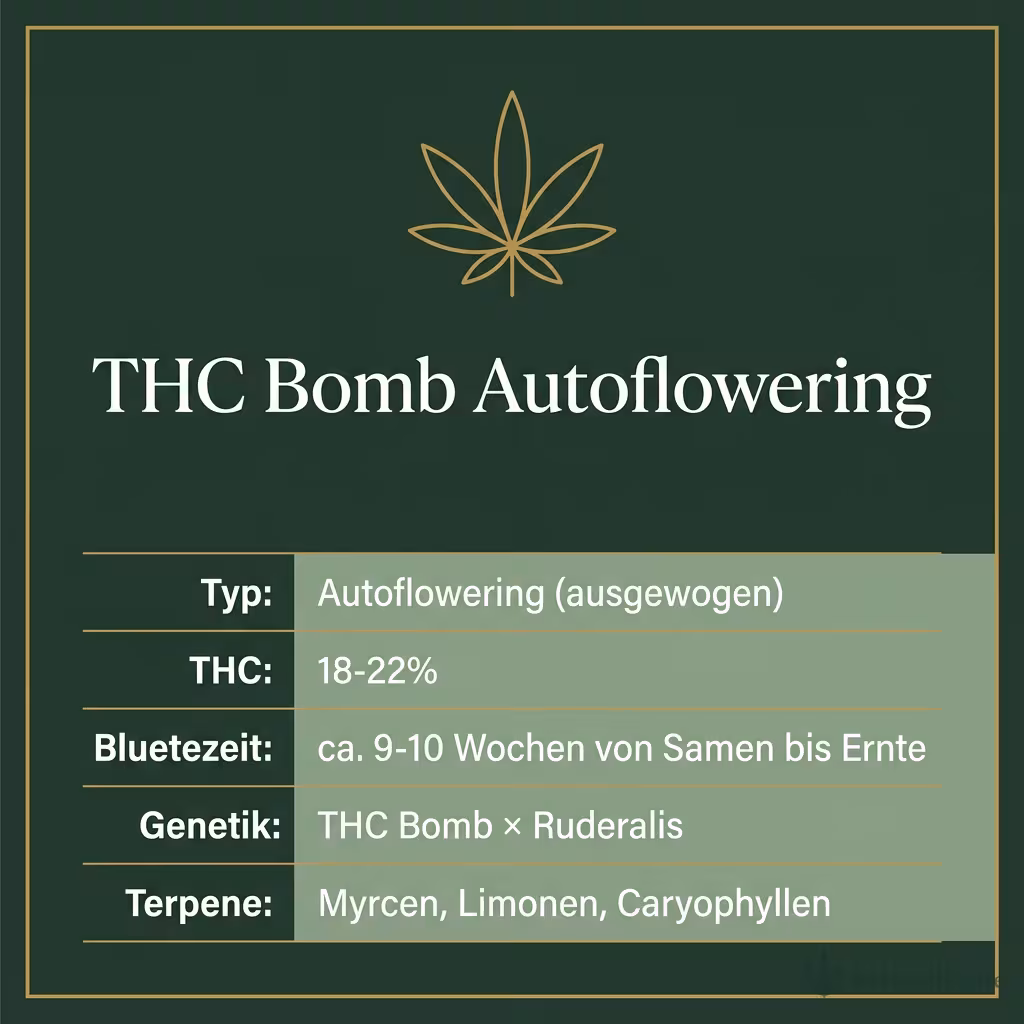 Infografik mit THC Bomb Autoflowering Key Facts: Typ Autoflowering (ausgewogen), THC 18-22%, Bluetezeit ca. 9-10 Wochen von Samen bis Ernte, Genetik THC Bomb × Ruderalis und Terpene Myrcen, Limonen, Caryophyllen