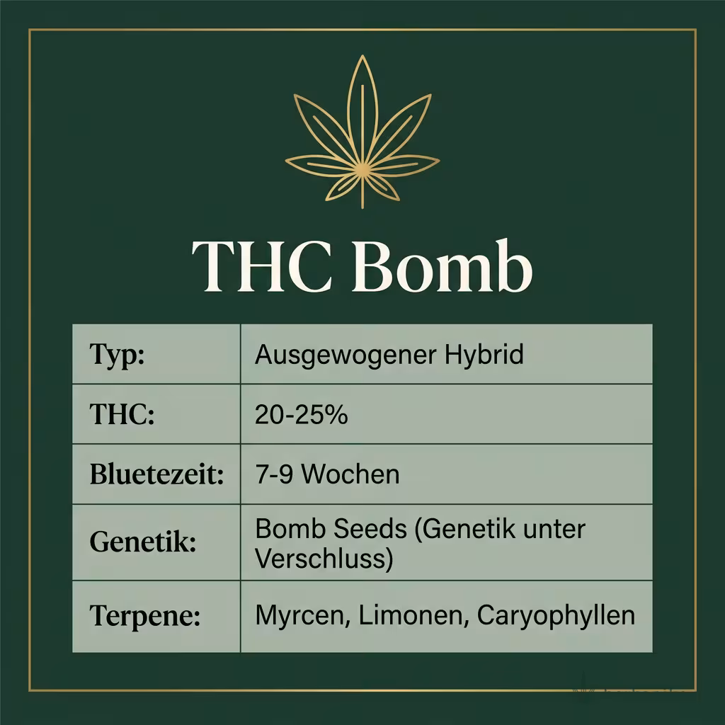 Infografik mit THC Bomb Key Facts: Typ Ausgewogener Hybrid, THC 20-25%, Bluetezeit 7-9 Wochen, Genetik Bomb Seeds (Genetik unter Verschluss) und Terpene Myrcen, Limonen, Caryophyllen
