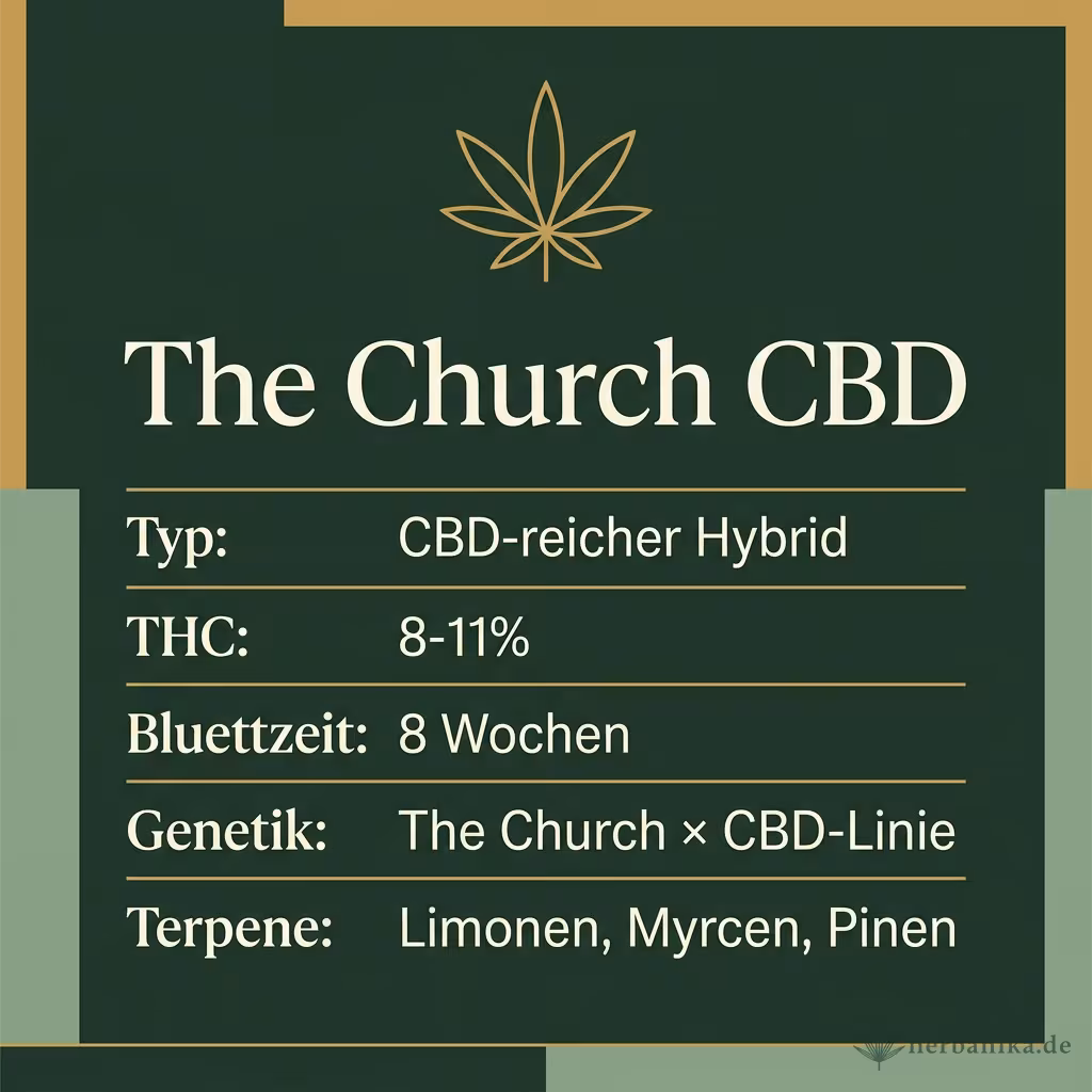 Infografik mit The Church CBD Key Facts: Typ CBD-reicher Hybrid, THC 8-11%, Bluetezeit 8 Wochen, Genetik The Church × CBD-Linie und Terpene Limonen, Myrcen, Pinen