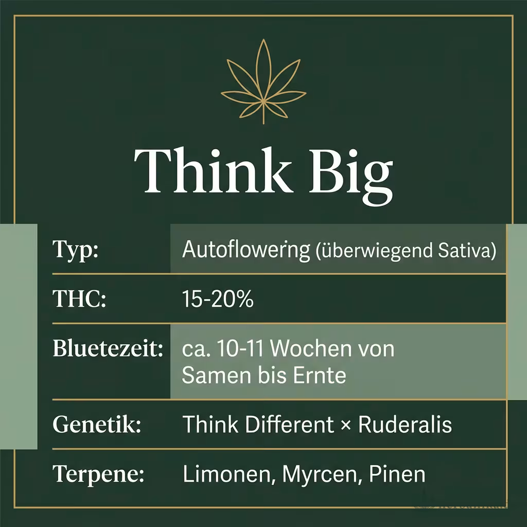 Infografik mit Think Big Key Facts: Typ Autoflowering (überwiegend Sativa), THC 15-20%, Bluetezeit ca. 10-11 Wochen von Samen bis Ernte, Genetik Think Different × Ruderalis und Terpene Limonen, Myrcen, Pinen