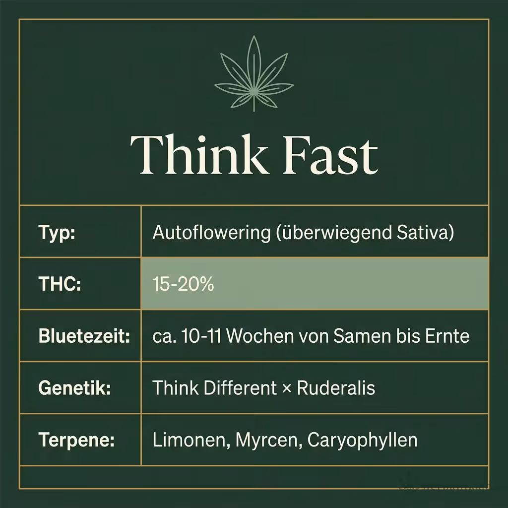 Infografik mit Think Fast Key Facts: Typ Autoflowering (überwiegend Sativa), THC 15-20%, Bluetezeit ca. 10-11 Wochen von Samen bis Ernte, Genetik Think Different × Ruderalis und Terpene Limonen, Myrcen, Caryophyllen